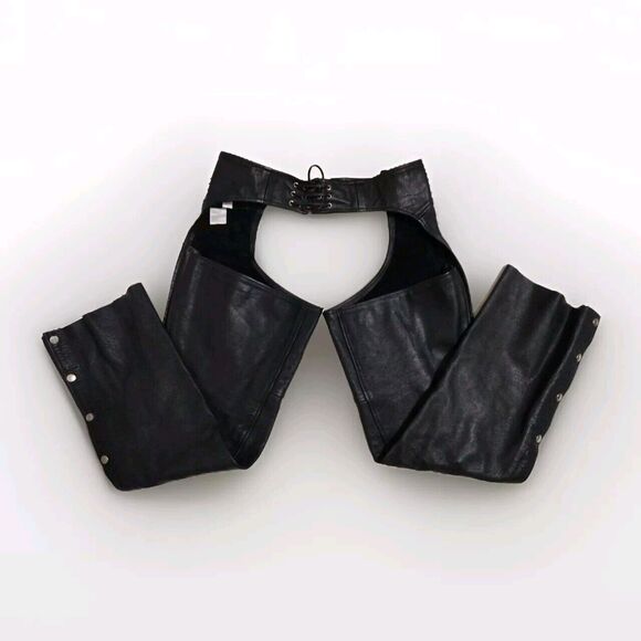 Vintage MOB Black Leather Biker Chaps Medium Unisex Y2K Punk Festival Edgy Rider - Picture 4 of 16